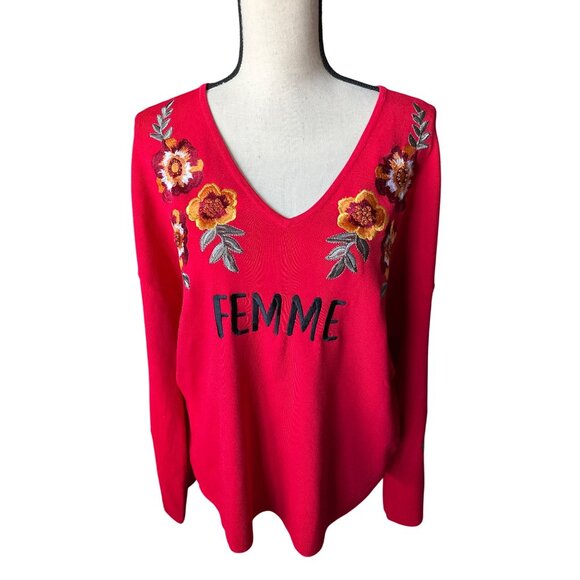 FEMME Red Long Bell Sleeve V-Neck Top Floral Embroidery Soft Flattering XL - Picture 2 of 8